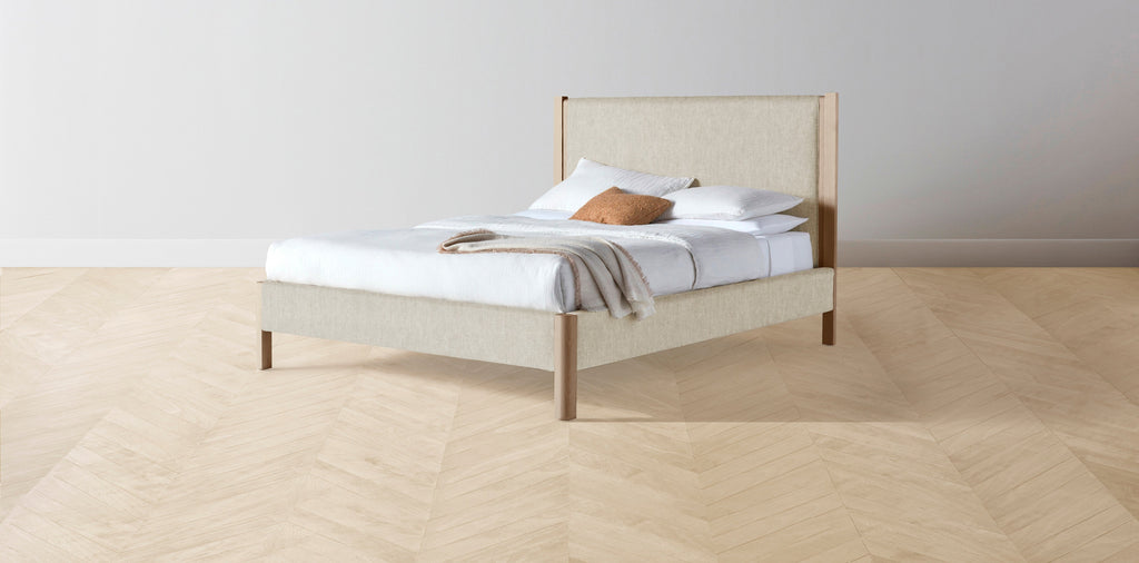 The Thompson  - Performance Stonewashed Linen Clamshell Bed - 48" Headboard - Muslin on reverse